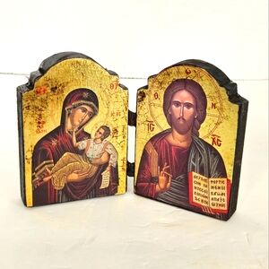 Christ and Mother Mary Miniature Diptych Carved Wood Icon Religious Art